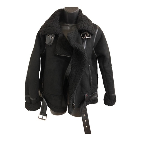 Black moto bomber‎ buckled faux shearling leather coat jacket size large new - Picture 10 of 16